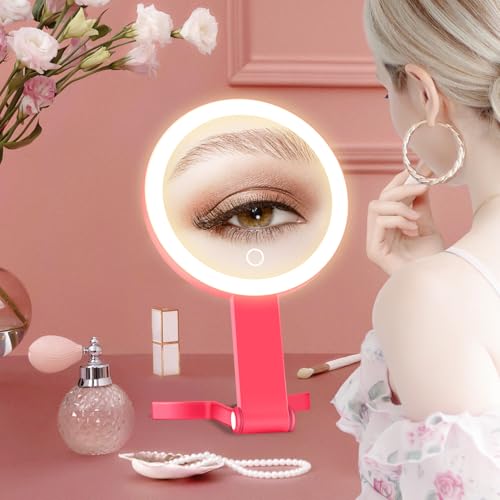 MIYADIVA Lighted Makeup Mirror, 30X Magnifying Mirror with Light, Hanging and Handheld Mirror with Handle, Red - color: Red