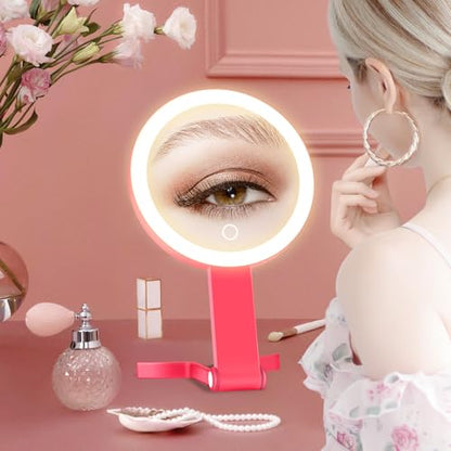 MIYADIVA Lighted Makeup Mirror, 30X Magnifying Mirror with Light, Hanging and Handheld Mirror with Handle, Red - color: Red