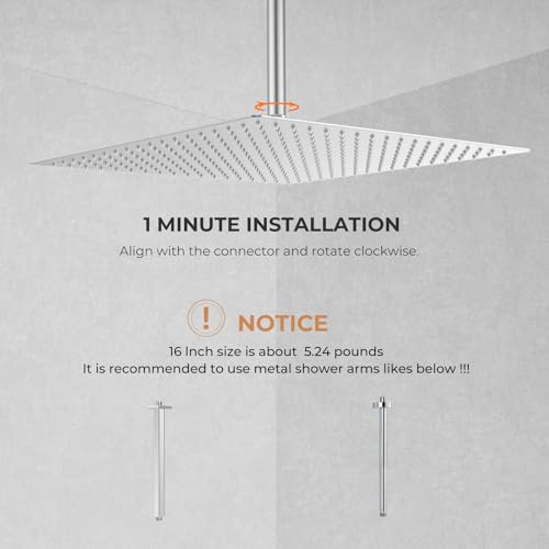 Oversize Rain Shower Head, Ultra Thin 16 Inch Square Stainless Steel Rainfall Shower Head with 360° Rotation, High Pressure Waterfall, Full Body Coverage, Brush Nickel - color: Brushed Nickel, size: 16 Inch