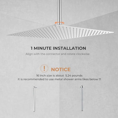 Oversize Rain Shower Head, Ultra Thin 16 Inch Square Stainless Steel Rainfall Shower Head with 360° Rotation, High Pressure Waterfall, Full Body Coverage, Brush Nickel - color: Brushed Nickel, size: 16 Inch