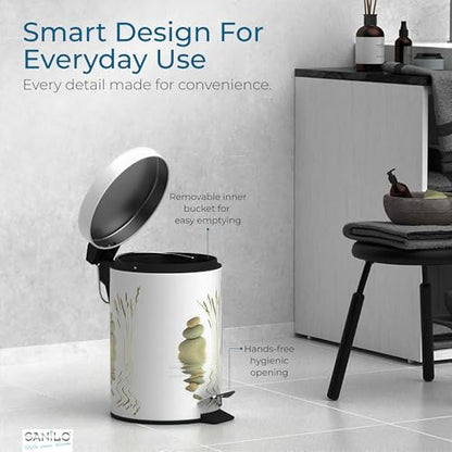 Sanilo Small Bathroom Trash Can with Lid [1.3 Gallon] - Lidded Tiny Trashcan for Garbage - Mini Metal Bin with Soft Closing Mechanism - Bath Room Accessoire Wastebin with Inner Bucket (Balance) - color: Balance