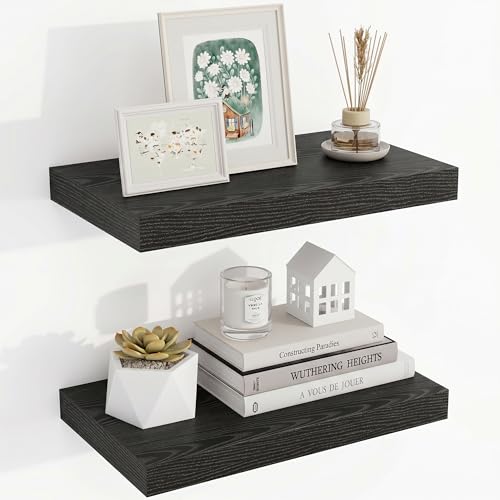 Acovy 16 Inch Floating Shelves, 16"x9.25"x1.5" Inch Deep Floating Shelves for Wall, Wooden Shelves for Bathroom, Bedroom, Living Room, Black - color: Black, size: 16"x9.25"-2pcs