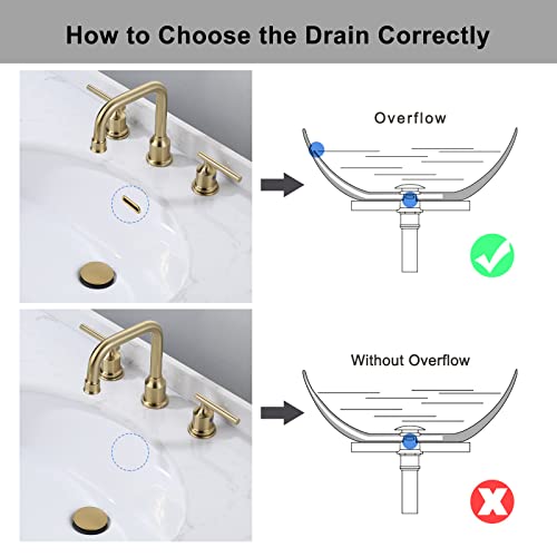 WOWOW Bathroom Sink Drain, Pop Up Drain Stopper for Bathroom Sink and RV Sink, with Overflow, Brushed Gold Vessel Sink Drain, Built-in Anti-Clogging Strainer - color: Gold, style: Style A: pop up drain