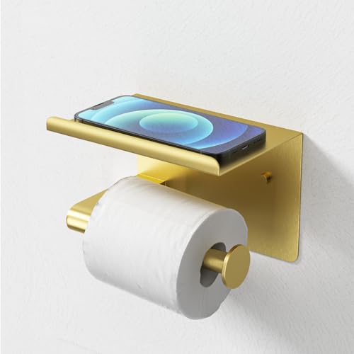 GLNLQ Brushed Gold Toilet Paper Holder Wall Mount, Fits Mega Rolls Size Rustproof Self Adhesive Brushed Brass Toilet Paper Holder Gold with Shelf | Fits Mega Rolls Size, Waterproof and Rustproof Stainless Steel, with Shelf Wall Mount Design, Thickened Thi