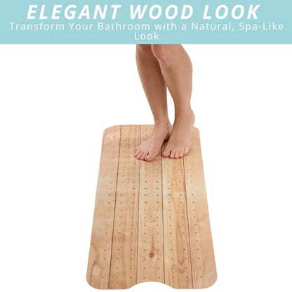 ENKOSI Non-Slip Bath & Shower Mat 40x16 Extra Long, Suction & Drain Holes | Wood-look spa finish; Durable PVC; 40x16 in, Wood Teak - color: Wood Teak