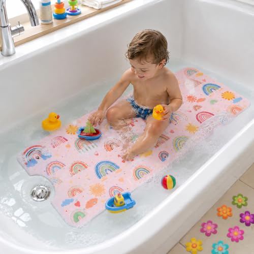 Cinrobiye Bath Mat for Tub Non Slip, 40 x 16 Inch Boho Rainbow Bathtub Shower Mat with Suction Cups and Drain Holes, Waterproof Machine Washable Bathroom Mat - color: Rainbow