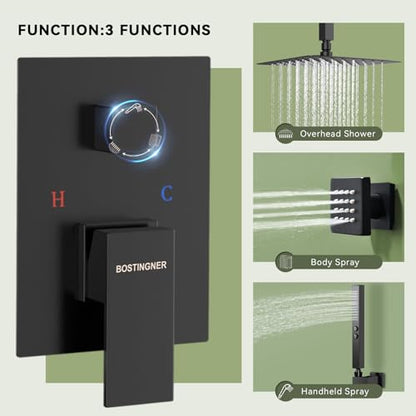Shower Faucets Sets Shower System with Body Jets, Bostingner 10" Rain Shower Head with 2 In 1 Handheld Spray and 4 Jets, Ceiling Mount All Metal 3 Way Shower Set with Valve and Trim Kit, Matte Black - color: Matte Black, size: 10 Inch
