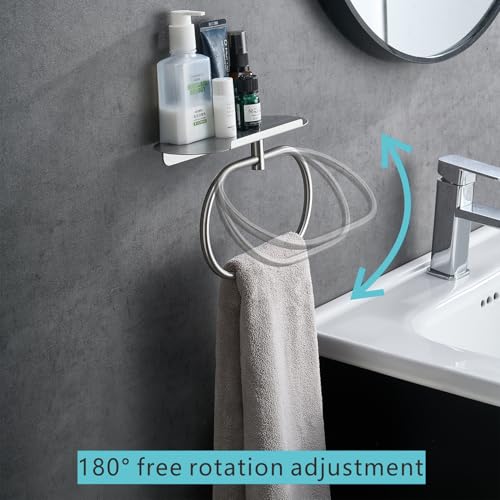 Towel Ring with Shelf Steel Self, Stainless Steel Bath Towel Rings, Self Adhesive Hand Towel Ring for Bathroom, Wall Mounted Towel Hanger for Bathroom Kitchen (Silver) - color: Silver