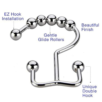 2lbDepot Shower Curtain Rings Hooks - Chrome Finish - Premium 18/8 Stainless Steel - Double Hooks with Easy Glide Rollers Rust Resistant Metal Hook, Six Finishes Available - Set of 12 for Shower Rods - color: Polished Chrome