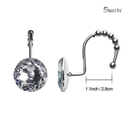 Sunlit Luxury Design Round Clear Diamond Crystal Gem Bling with Glide Balls Shower Curtain Hooks, Rust Proof Metal Rhinestones Glam Shower Curtain Rings-12 Pack - color: Clear