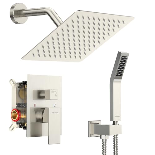 SR SUN RISE Shower Faucet Set - Shower Valve with 8 Inch Rainfall Shower Head and Handheld Shower - Wall Mounted Shower System with Rough In Valve and Shower Faucet Trim Repair Kits - Brushed Nickel - color: Brushed Nickel, size: 8 Inch