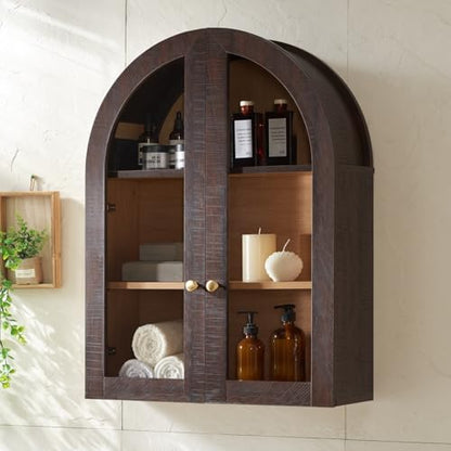 Bathroom Arched Wall Cabinet,23.5'' Wide Medicine Cabinet, Bathroom Cabinet Wall Mount W/Glass Doors & Adjustable Shelves, Over The Toilet Storage Cabinet for Laundry Room, Bedroom,Kitchen, Brown - color: Brown