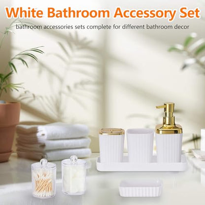 9 PCS White Bathroom Accessories Set with Trash Can Bathroom Accessory | All-in-One Kit with Trash Can,Toothbrush Holder,Soap Dispenser,Toothbrush Cup,Vanity Tray,Soap Dish,Toilet Brush etc for Home - color: White