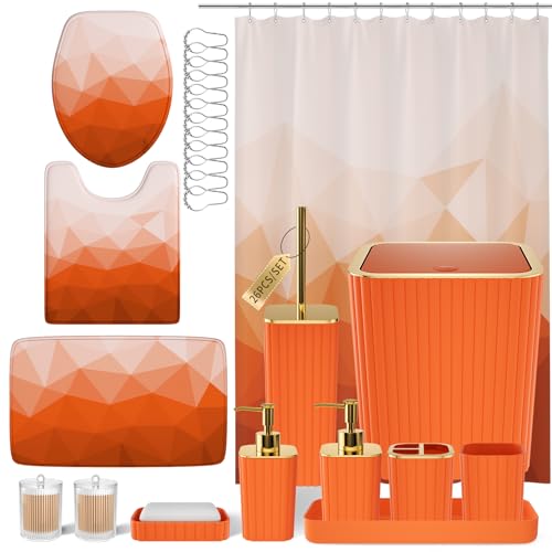 XLHOMO Bathroom Accessory Set - 26PC Bathroom Shower Curtain and Rug Set, Bathroom Accessories Set, Orange Bathroom Set with Trash Can, Toilet Brush, Qtip Holder & Soap Dispenser - style: Orange