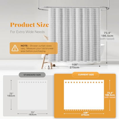 108x72 Boho Farmhouse Linen Heavy Duty Shower Curtain Set, Gray/Grey | Extra Wide Size, 330GSM Linen Blend, 3-side Tassels, Waterproof Fabric, 18 Plastic Hooks, Rustic Bohemian, Machine Washable - color: Grey, size: 108"W x 72"L (Pack of 1)