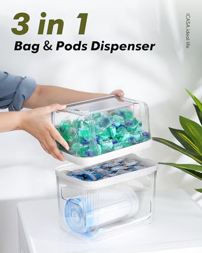 iCASA Trash Bag Dispenser Dishwasher Pods Container Under Sink Organizer | 3 in 1 Stackable Trash Bag Holder Garbage Bag Dispenser for 13/30/33 Gallon Bags, Clear Storage Bins Laundry Pods Container