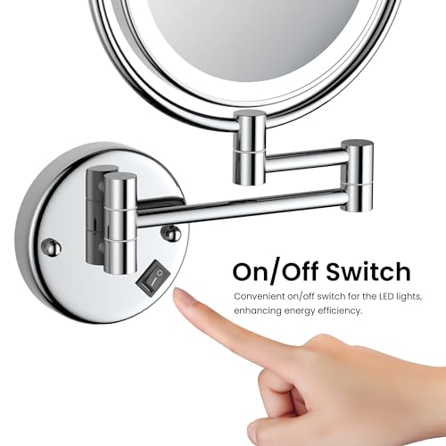 KIBI Circular Wall Mount Makeup Mirror with LED Lights, Dual-Sided 1x/5x Magnifying Mirror with Adjustable Arm, 360° Swivel, Solid Brass Construction for Durability and Style (Chrome, KMM101) - color: Chrome