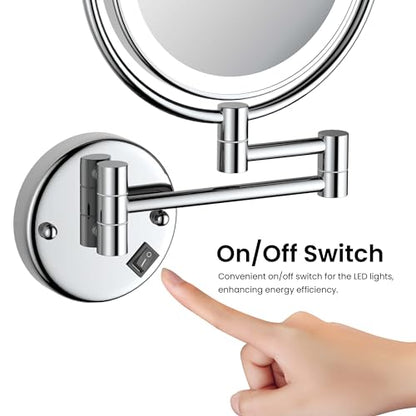 KIBI Circular Wall Mount Makeup Mirror with LED Lights, Dual-Sided 1x/5x Magnifying Mirror with Adjustable Arm, 360° Swivel, Solid Brass Construction for Durability and Style (Chrome, KMM101) - color: Chrome