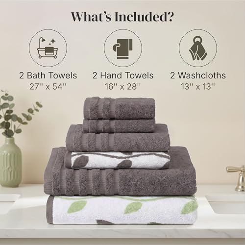 Modern Threads 6 Piece Bath Towel Set – Bathroom Set with 2 Bath Towels, 2 Hand Towels, and 2 Wash Cloths – 100% Cotton, Super Absorbent & Extra Soft – Reversible Natural Vine (Gray) - color: Gray