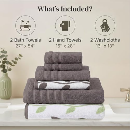 Modern Threads 6 Piece Bath Towel Set – Bathroom Set with 2 Bath Towels, 2 Hand Towels, and 2 Wash Cloths – 100% Cotton, Super Absorbent & Extra Soft – Reversible Natural Vine (Gray) - color: Gray