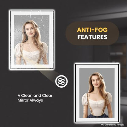 LOAAO 24"X32" LED Bathroom Mirror Black Framed | Anti-Fog, Dimmable, Memory Function, Tempered Glass, Lighted Vanity Mirror for Wall - size: 24"L x 32"W