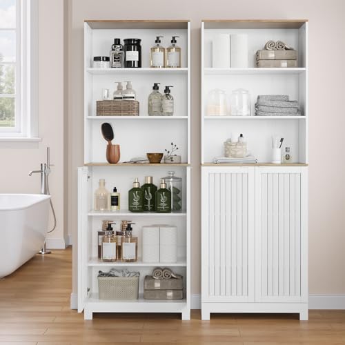 Smart FENDEE 66.77“ Tall Bathroom Storage Cabinet with 3 Open Shelves & Concealed Closed Storage, Farmhouse Freestanding Cabinet with Louvered Doors for Bathroom, Laundry Room, Kitchen - size: 66.77" Tall Floor Cabinet