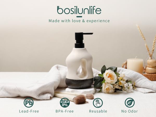 BosilunLife Ceramic Soap Dispenser - Soap Pump Dispenser Bathroom Kitchen Modern Farmhouse Elegant Refillable Soap Dispenser Lotion Hand Pump Dispenser for Kitchen Sink (Beige with Black Base, 15oz) - color: Beige With Black Base