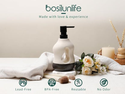 BosilunLife Ceramic Soap Dispenser - Soap Pump Dispenser Bathroom Kitchen Modern Farmhouse Elegant Refillable Soap Dispenser Lotion Hand Pump Dispenser for Kitchen Sink (Beige with Black Base, 15oz) - color: Beige With Black Base