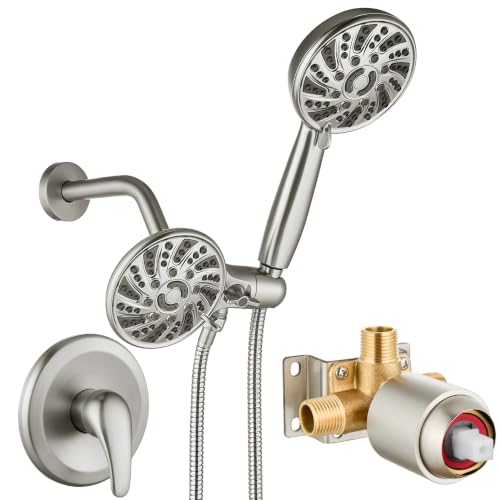 gotonovo Dual Shower Head Kit with Valve 6 Mode Handheld Brushed Nickel | 6 Mode ABS Rain Head 6 Mode ABS Handheld Spray 2 in 1 Bathroom Trim Kit Pressure Balance Valve Shower Head and Handle Set - color: Nickel
