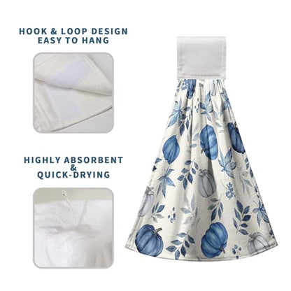 Fall Blue Pumpkin Kitchen Towels with Hanging Loop Autumn Thanksgiving Hanging Hand Towels Seasonal Eucalyptus Maple Leaf Dish Tie Towel Soft Absorbent Fingertip Bath Towel Set of 2 - color: Fall Pumpkin Leaves Blue