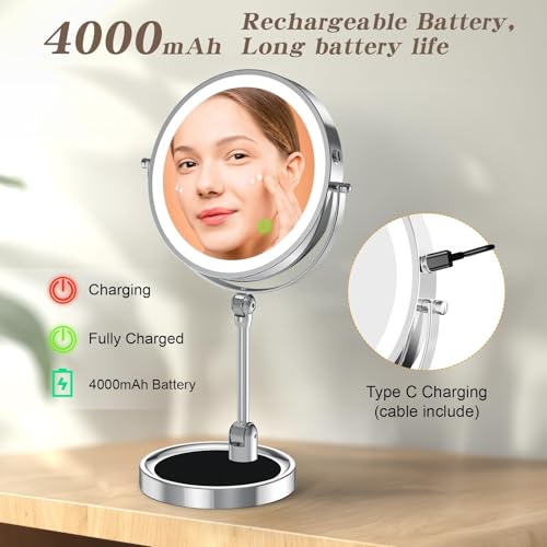 Tabletop Makeup Mirror with Built-in Vanity Tray, 9" Rechargeable 4000mAh Lighted Vanity Mirror 1X/10X Magnification, Height-Adjustable Arm, 3 Color Dimmable (9Inch Chrome) - color: 9inch Chrome
