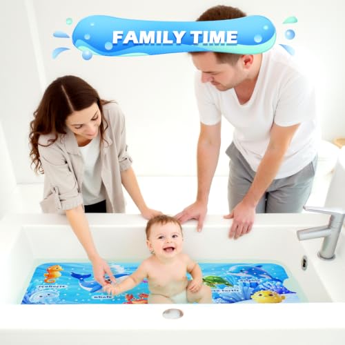 Baby Bath Mat for Tub Non Slip, 40 x 16 Inch with Drain Holes Suction Cups | Ocean animal PVC mat with 200 Suction Cups and 2 hooks, machine washable for clean, smooth, non-textured tubs shower inserts