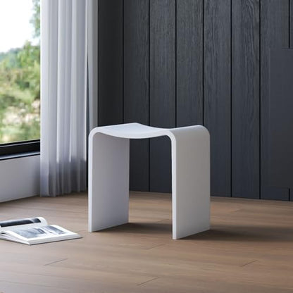 Matte White Shower Bench, Modern Solid Surface Bathroom Stool | Heavy-Duty Waterproof Chair Seat for Inside Showers and Outdoor Use, 400 lbs Capacity - Non-slip - color: White Curved