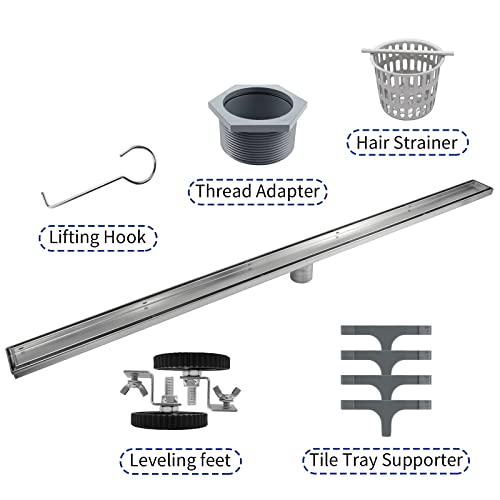 Linear Shower Drain, 304 Stainless Steel Floor Drain 42" | with Tiled Insert Grate & Hair Strainer, Bathroom 2-in-1 Tiled in Drain, CUPC Certified - color: Brushed, size: 42''