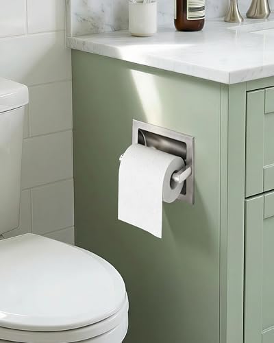 Recessed Toilet Paper Holder Brushed Nickel, in-Wall, 304 Stainless Steel | Inset Toilet Paper Holder, Spring-Free Pivoting Arm, Space-Saving Flush Mount, Fits Rolls up to 6 in - color: Brushed Nickel