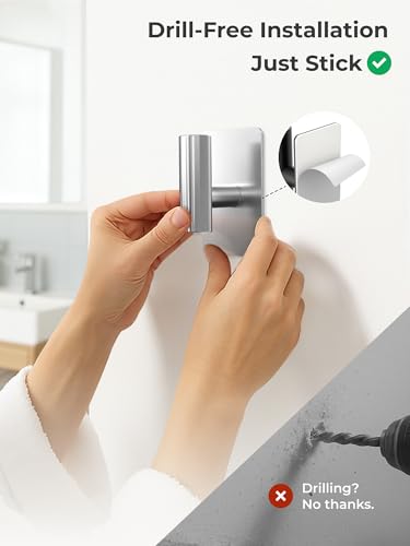 Wall Towel Hooks, Heavy Duty Adhesive Hooks(Brushed Silver, 2 Pack) | Self-Adhesive, Stainless Steel, Rust Resistant, No Drill, Easy Install, Space Saving - color: Silver, size: 2 Pack