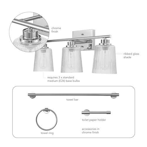 Globe Electric 4-Piece All-in-One Bathroom Set, Chrome Finish, 3-Light Vanity Light with Clear Ribbed Glass Shades, Towel Bar, Toilet Paper Holder, Towel Ring - color: Silver