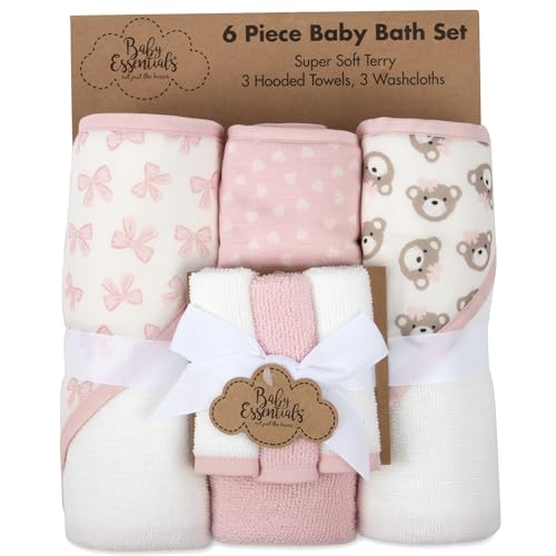 Hooded Baby Bath Towel and Washcloth 6 Piece Set for Newborns, Infants & Toddlers, Boys & Girls Baby Hooded Towels Set (Pink Bows and Teddy Bears) - color: Pink Bows and Teddy Bears