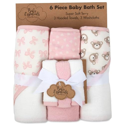 Hooded Baby Bath Towel and Washcloth 6 Piece Set for Newborns, Infants & Toddlers, Boys & Girls Baby Hooded Towels Set (Pink Bows and Teddy Bears) - color: Pink Bows and Teddy Bears