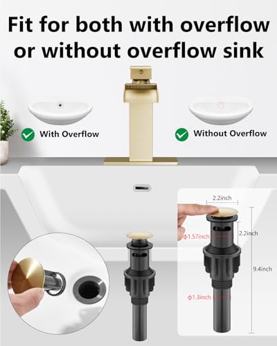 Brushed Gold Waterfall Bathroom Faucet 1-Handle Vanity Faucet | Stainless Steel Modern Bathroom Sink Faucet,Pop-Up Drain, Supply Lines 6-in Deck Plate, 1- or 3-Hole, NSF Certified - color: Light Gold