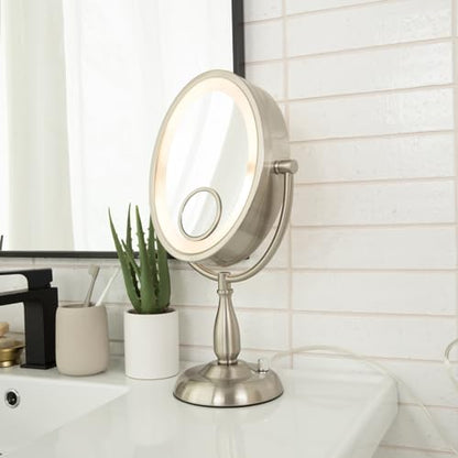 JERDON Lighted Makeup Mirror with 10X Magnification - Nickel - HL9510NL | Two-Sided 1X View, 8" x 10" Oval Frame, 15X Spot Mirror, 17.5" Tall - color: Nickel Tabletop
