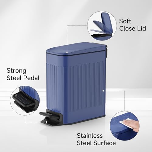 TIPGO Slim Bathroom Trash Can with Lid Soft Close, Step Pedal, 6 Liter / 1.6 Gallon Stainless Steel Trash Bin, Small Garbage Cans for Bedroom, Office, Kitchen (Blue) - color: Blue