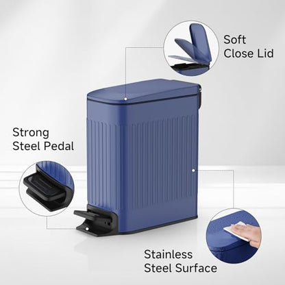 TIPGO Slim Bathroom Trash Can with Lid Soft Close, Step Pedal, 6 Liter / 1.6 Gallon Stainless Steel Trash Bin, Small Garbage Cans for Bedroom, Office, Kitchen (Blue) - color: Blue