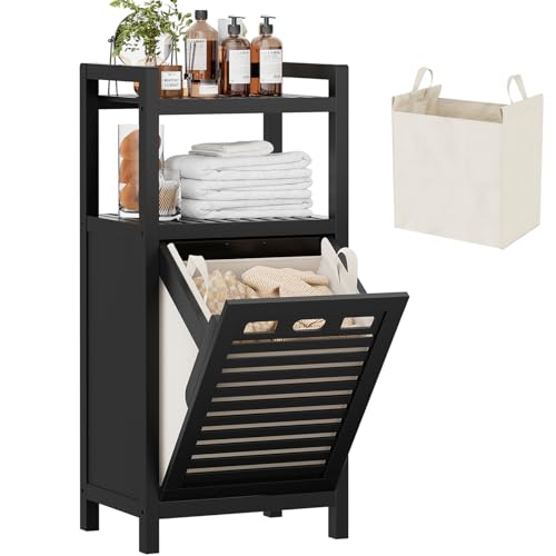 Tilt Out Laundry Hamper, 10 Gal Bamboo Laundry Storage Cabinet with Removable Basket, Hidden Hamper Organizer with Shelf for Dirty Clothes, Bathroom, Laundry Room, Space Saving, Black - color: Black, size: Standard