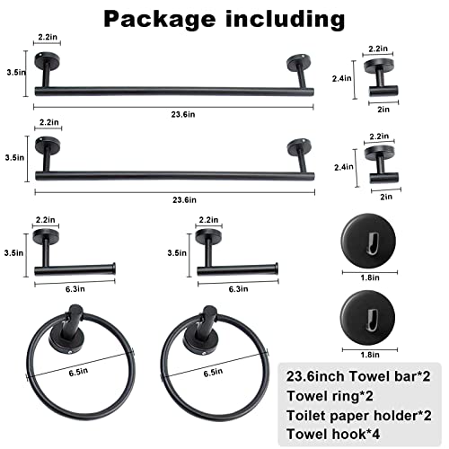 8 Pieces Bathroom Towel Rack Set, Includes 2PCS 23.6 inch Towel bar, 2PCS Towel Hook, 2 PCS Towel Ring, 2PCS Toilet Paper Holder-Matte Black Bathroom Accessories Sets - color: Matte Black, size: 10pcs-24inch