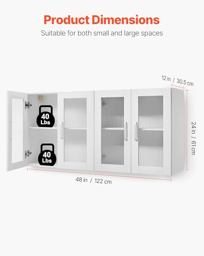 VEVOR Laundry Room Wall Cabinet, 2-Tier Wall Mounted Cabinet with Adjustable Shelf, Cupboard Storage with 4 Doors, for Kitchen, Bathroom, Laundry, Set of 2, Each 12 x 24 x 24 in (D x W x H), White - size: 48 Inch, style: 4 Doors