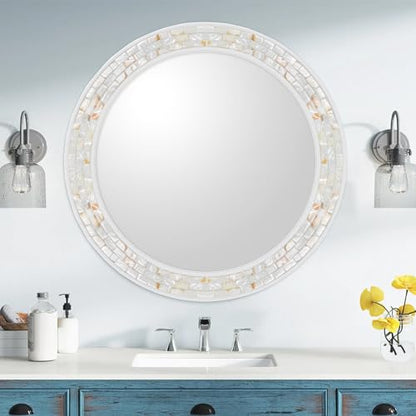 White Round Bathroom Wall Mirror 36 Inch | Natural Mother of Pearl Frame, Tempered Glass, Coastal Beachy Decor for Bedroom, Living Room, Entryway - size: 36"L x 36"W