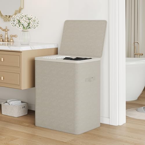 Double Laundry Hamper with Lid, 150L Large Laundry Basket 2 Compartments | Gasvadivum Dirty Clothes Hamper 2 Section with Portable Liner Bags and Handles for Laundry Room, Bedroom, Easy Assembly,Beige - color: Beige