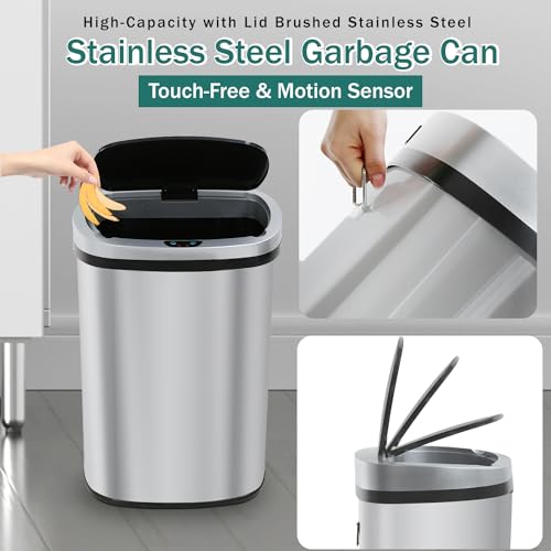 PayLessHere Kitchen Trash Can Automatic Trash Can with Lid 50 Liter 13 Gallon Touch Free High-Capacity Brushed Stainless Steel Waste Bin for Bathroom Bedroom Home Office (Stainless Steel) - color: Stainless Steel