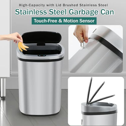 PayLessHere Kitchen Trash Can Automatic Trash Can with Lid 50 Liter 13 Gallon Touch Free High-Capacity Brushed Stainless Steel Waste Bin for Bathroom Bedroom Home Office (Stainless Steel) - color: Stainless Steel